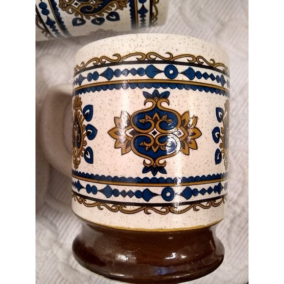 Vintage footed mugs set of 4 retro speckled MCM Eastern style motif Boho READ - Picture 5 of 12